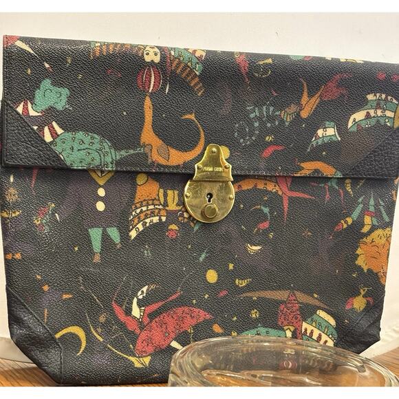 Vintage Piero Guidi Black Multi Magic Circus Envelope CLUTCH Leather Accents - Picture 4 of 9